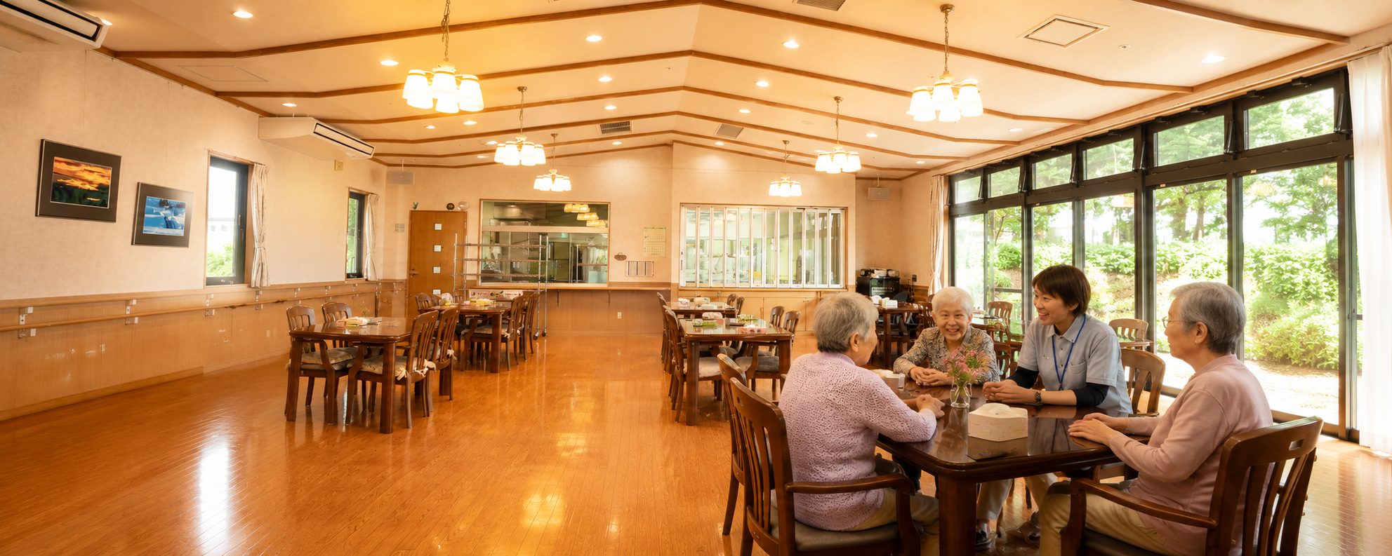 みよし台の食堂でくつろぐ利用者と職員
