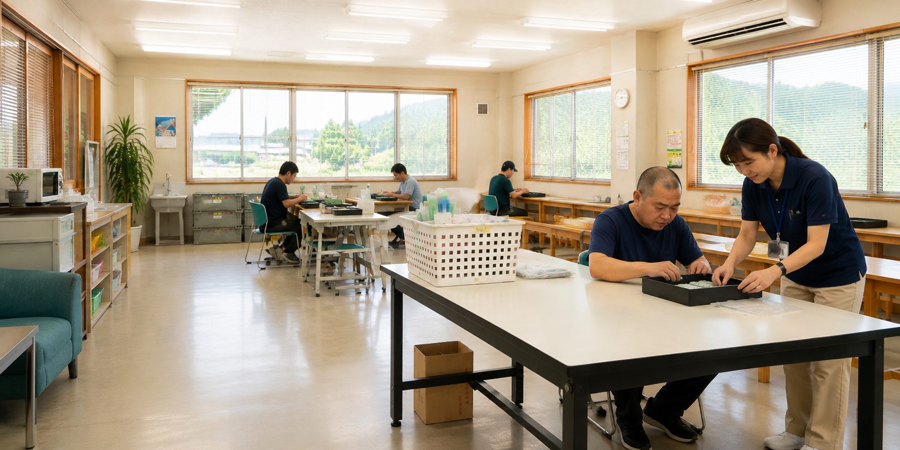 ワークセンターなごみの作業室で活動する利用者と職員