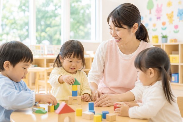積み木で遊ぶ子どもたちと保育士