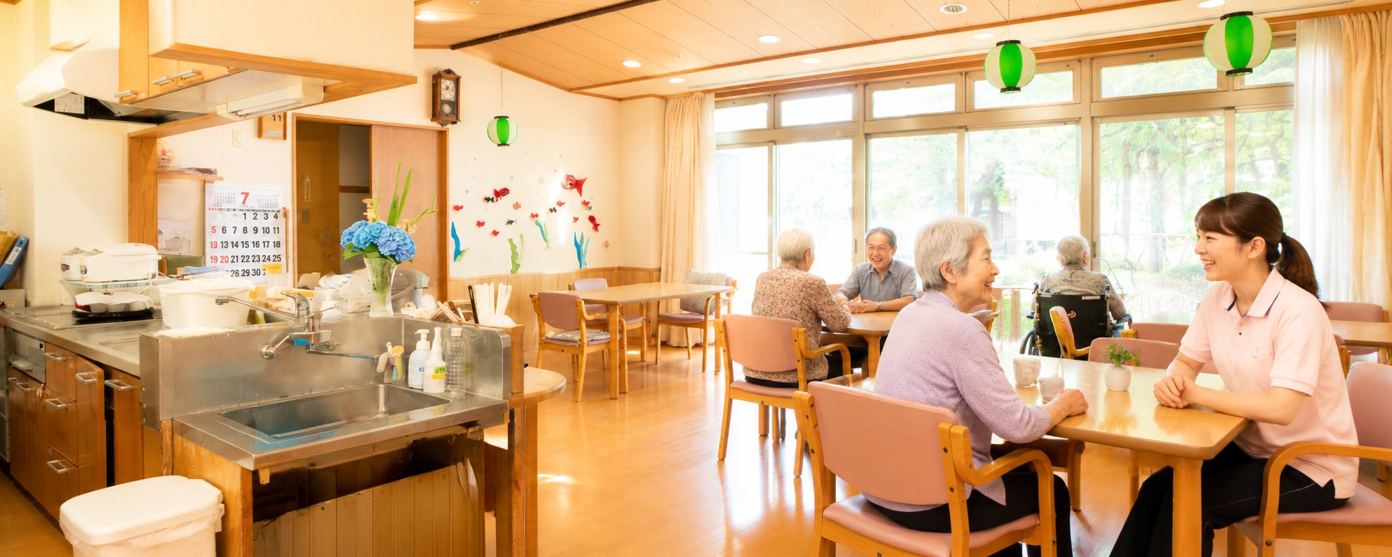 三好園四ツ宮の食堂でくつろぐ利用者と職員