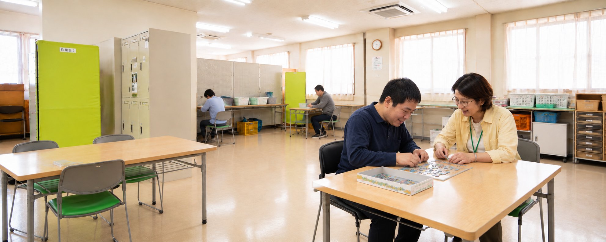 なごみの家の作業室で活動する利用者と職員