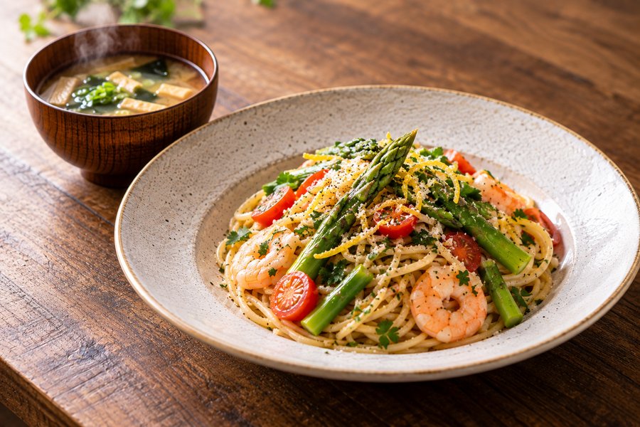 季節の具材を使ったパスタ