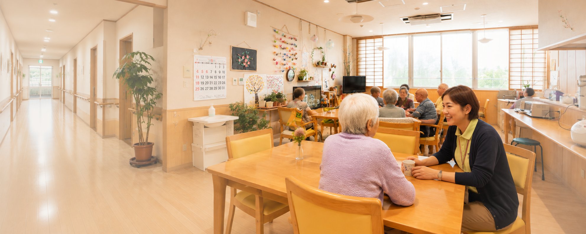 よしだの食堂でくつろぐ利用者と職員